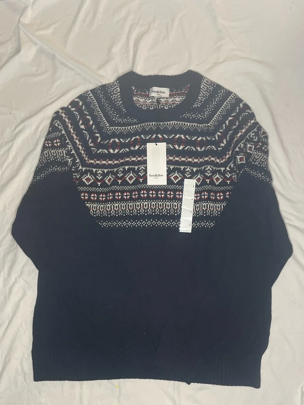 Goodfellow & Co Navy Fair Isle Crewneck Sweater L with Red and White Accents